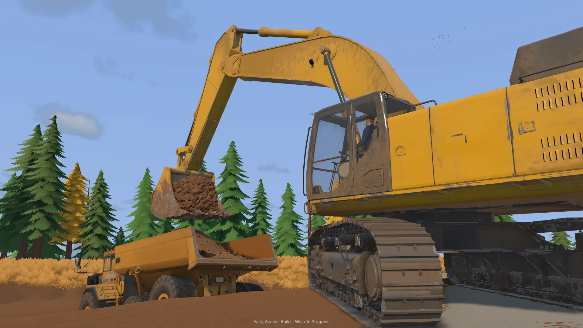 A yellow excavator loads a dump truck at a Groundwork Simulator mining site.